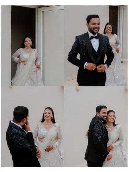 The 'first look' moment before the reception. The groom's happy reaction to seeing his bride is a beautiful, candid story.