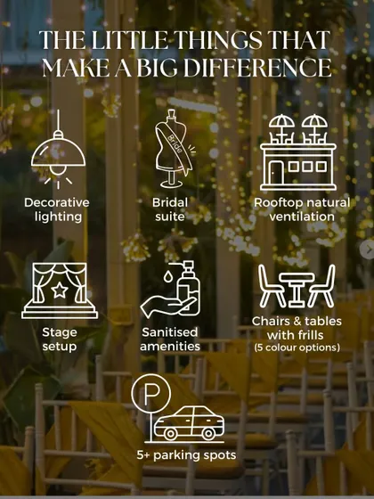 It's the little things that make a big difference. This highlights the essential amenities I provide, including decorative lighting, a private bridal suite, stage setup, and ample parking, ensuring your event runs smoothly.