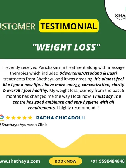 This client describes her 5-month weight loss journey with Panchakarma and massage therapies like Udwartana as getting a new life. She highlights feeling more energy, concentration, and overall health, along with the centre's good ambiance and hygiene.