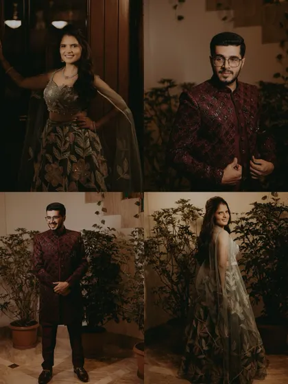 A four-part collage of the couple's Sangeet outfits, showing their individual and combined portraits.