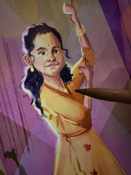 A close-up of a digital caricature in progress, showing the expressive lines and lighting on the subject's face.