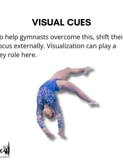 To help gymnasts overcome the startle response, we use visual cues to shift their focus externally. Visualization plays a key role in improving form and confidence.
