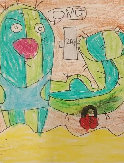 This student's version of the workout cactus shows a moment of surprise. Learning to draw a range of expressions is a key part of our cartooning and character design curriculum.