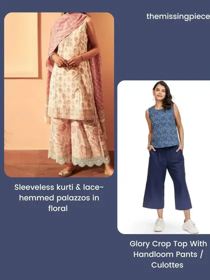 Summer outfit ideas featuring breathable fabrics and comfortable silhouettes. A sleeveless floral kurti with palazzos or a handloom crop top with culottes are perfect for staying cool and stylish.
