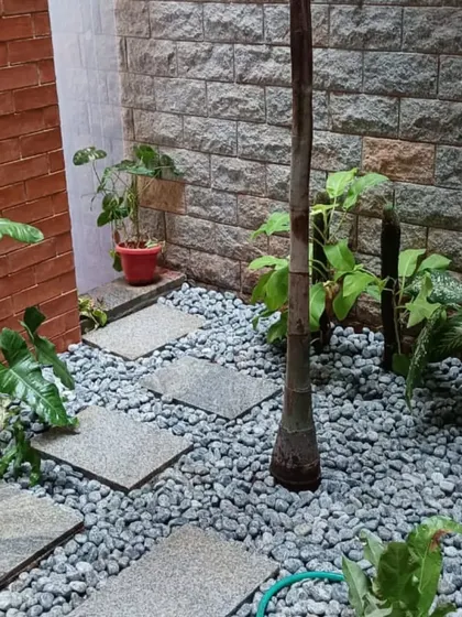 The finished result. A beautiful pebble and stone pathway with lush plants, creating a low-maintenance and modern garden space.