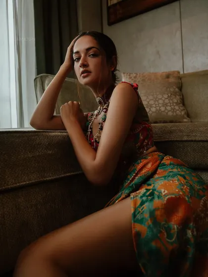Actress Shanvi Srivastava styled in a festive brocade co-ord set. I paired the vibrant, patterned outfit with a maroon polki choker and a multi-stoned long necklace to create a rich, layered look.