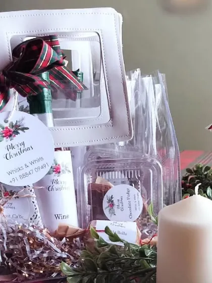 Another view of the Whisks & Whirls Christmas hamper, showcasing how our custom stickers create a cohesive and branded look.
