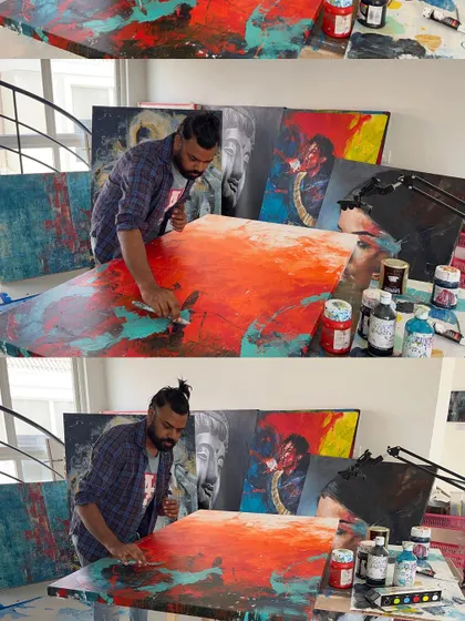 A collage showing different stages of work on 'The Uprising'. You can see me applying layers of paint with a palette knife to build up the fiery texture.