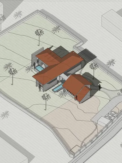 This axonometric drawing shows a more traditional farmhouse concept with sloped roofs. The design breaks the building into smaller volumes, creating interesting courtyards and varied spatial experiences around the home.