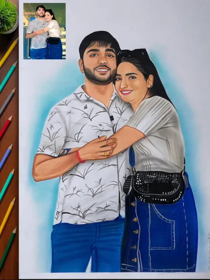 This A3 colored pencil portrait captures a fun, casual moment. The light blue background makes the couple stand out, and I made sure to detail the patterns on their clothing accurately.