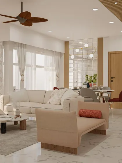 A calm and airy living room with a slatted wood ceiling detail and a glass block partition that adds texture while maintaining an open feel.