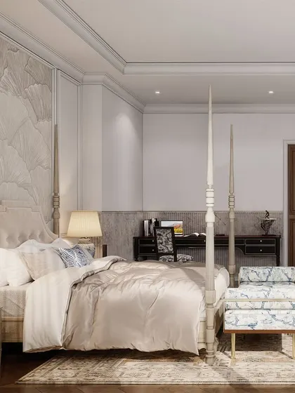 For a client's home away from home, I created a bedroom with old-world charm, using period features like wainscoting and a stunning parquet floor. I paired these with a dreamy distressed oak four-poster bed and a mid-century writing desk.