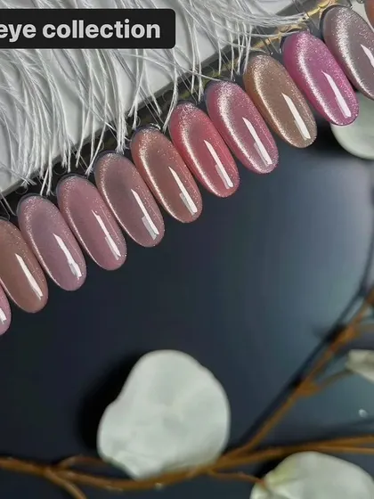 A peek at our cat-eye collection. We have so many shades of pink, nude, and champagne for that perfect shimmery, "your nails but better" look.