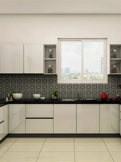 A classic black and white U-shaped kitchen. The patterned backsplash adds a graphic element, and the open shelves flanking the window provide a nice display area.