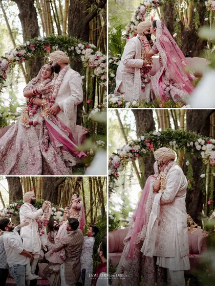 A collage capturing the key moments of the Varmala (garland exchange) ceremony during an outdoor Punjabi wedding, including the kiss and the celebration.