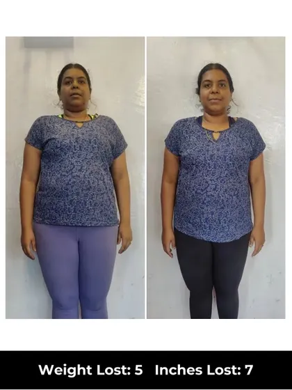 Yasaswini joined to reduce body fat and relieve lower back pain. In 6 weeks, she lost 5 kgs and 7 inches, but more importantly, she's stronger, more active, and her back pain has significantly reduced through our structured strength program.