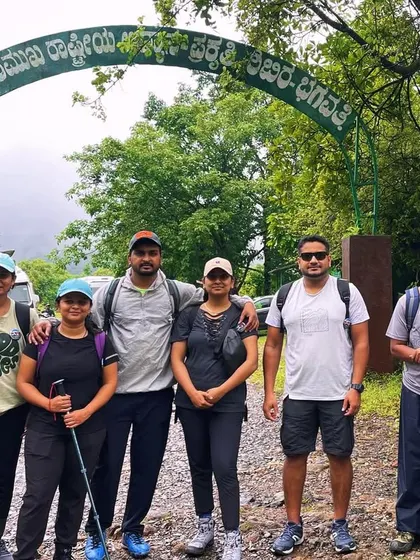 Ready to conquer Kurinjal Peak. The team poses at the entrance to the Kudremukh National Park, prepared for a day of hiking through the beautiful Western Ghats.