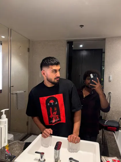 The Kashmir Express, Umran Malik, after a fresh haircut. We went with a sharp, faded buzz cut.