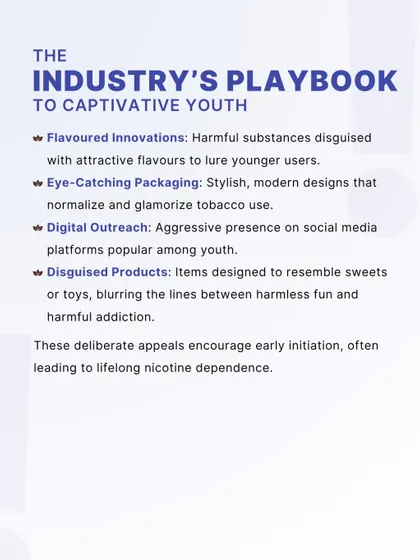 This infographic for World No Tobacco Day unmasks the industry's playbook for targeting youth. It details tactics like flavored innovations and digital outreach, reflecting our commitment to corporate social responsibility and public health.