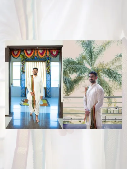 A collage showing the groom's entrance and a portrait against a natural backdrop, capturing the start of the wedding day.