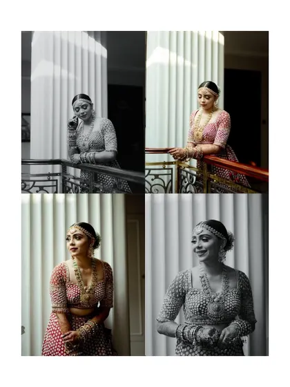 A creative collage of the bride's portraits, using black and white and different angles to create an artistic and modern feel.