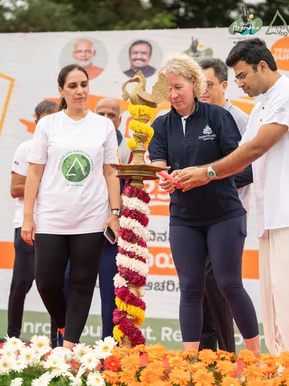 A moment of tradition and respect as we light the lamp to inaugurate the Yoga Aarambha 2025 event. We were honored to have international dignitaries join us, symbolizing the global unity of yoga.