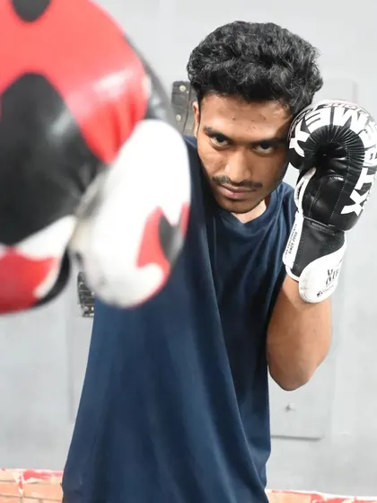 A close-up shot of a fighter practicing his jab. This fundamental punch is one of the most important weapons in a striker's arsenal.