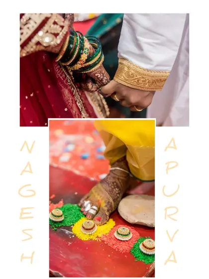 A collage highlighting the symbolic rituals of a Maharashtrian wedding, like the tying of the knot and the saptapadi (seven steps).