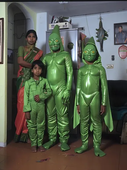 The 'Deception ‘97' series continues with a family dressed in green alien costumes. The mundane living room setting contrasts sharply with their bizarre appearance.