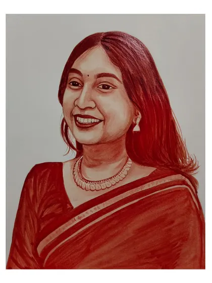 A smiling portrait of a woman in a sari, painted with her own blood. A truly personal and unique piece of art.