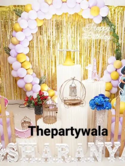 A princess theme with a sparkling gold shimmer backdrop. The setup includes cutouts of Aurora and Jasmine, creating a glamorous look.