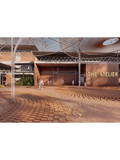 A conceptual render of The Atelier's main plaza, showcasing how we use lightweight structures to shape outdoor spaces. These circular canopies provide dappled shade, defining an area for gathering and interaction while maintaining a seamless connection to the sky and surrounding campus.