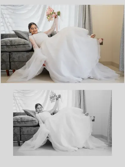 A playful and glamorous collage of the bride lounging on a sofa in her wedding dress, shown in both color and black and white.