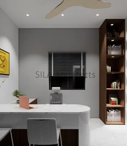 Another view of the doctor's office, showing the thoughtful placement of shelving and desk space to maximize efficiency.