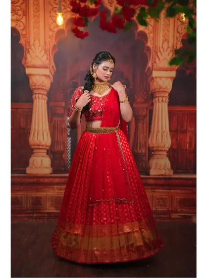 An elegant portrait in the red half-saree, paired with a stunning gold jewelry set.