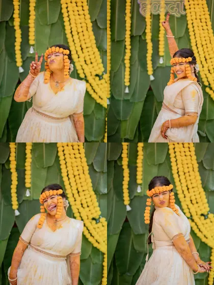 A four-photo grid of the bride making playful and fun expressions during her Haldi, showing her vibrant personality.
