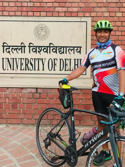 This rider, with his road bike, is all smiles at our Delhi University ride. The route is perfect for all types of cyclists.