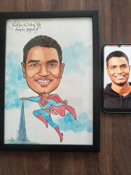 A custom caricature turning a team member into a flying superhero, a popular theme for corporate recognition.