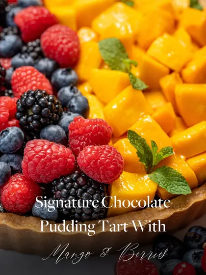 Can't decide between mango and berries? You don't have to. This half-and-half tart combines the best of both worlds on top of my signature chocolate pudding base.