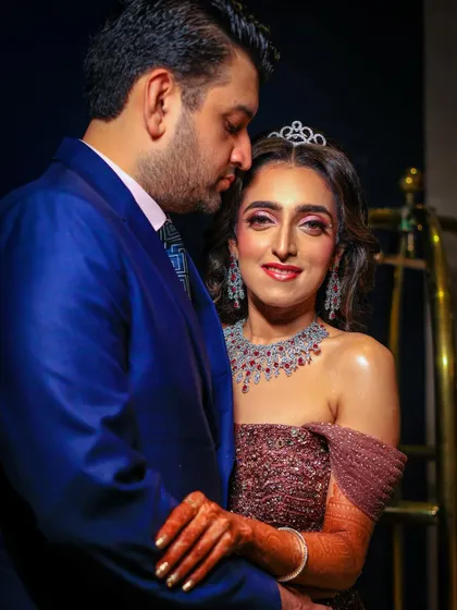 A portrait of the couple from their Arabian-themed Sangeet night, with the bride wearing a beautiful tiara, looking like modern royalty.