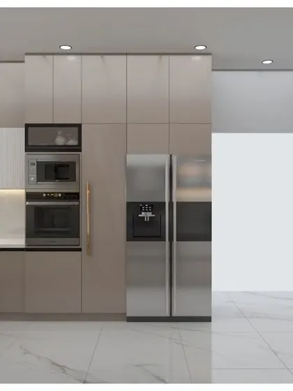 A 3D render of a large, luxurious kitchen with dual-tone cabinets and a full suite of integrated appliances. This visual helps clients see the full potential of their space before construction begins.