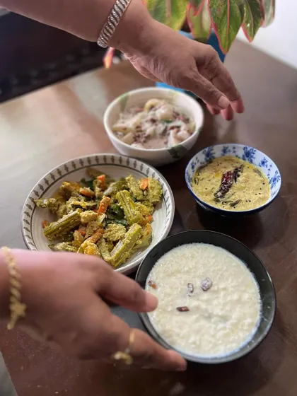 A simple, wholesome spread of classic Sadya dishes: Avial, Pineapple Pachadi, Olan, and Payasam. These four dishes alone represent the beautiful balance of flavors in Kerala cuisine.