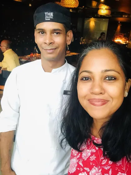 Another selfie of a guest chef with my kitchen staff, celebrating the success of the Odia food pop-up.