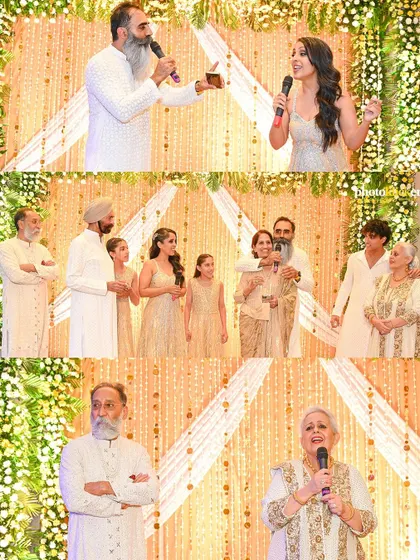 A collage capturing the heartfelt speeches given by family members during the 50th-anniversary party.