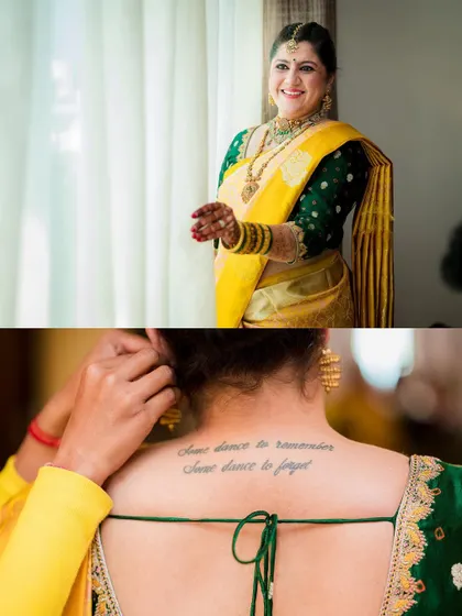 A collage showing the bride's smile and the beautiful detail of her tattoo on her back. We capture the personal touches that make you unique.