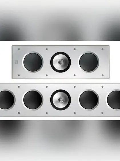These are the KEF Ci-Series THX Ultra2 certified in-wall speakers. Their design features a substantial aluminum baffle to eliminate vibration and Uni-Q driver technology for wide, even sound dispersion. This allows us to build systems that deliver uncompromising performance while remaining visually discreet.