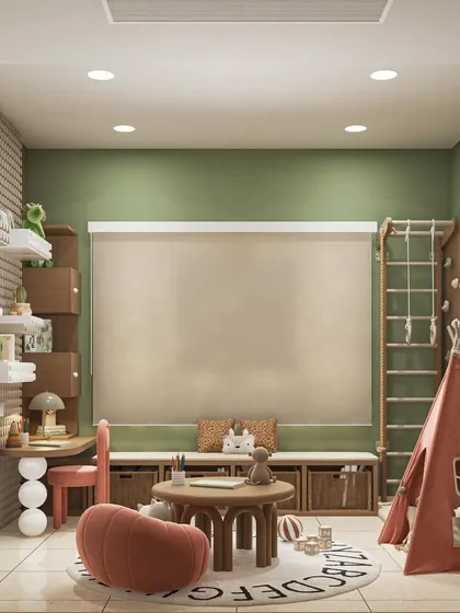 For kids' rooms, I focus on creating a world of imagination and play. This room combines a fun rock-climbing wall, a cozy teepee tent, and a dedicated study and play table, all with smart storage solutions to keep things tidy.
