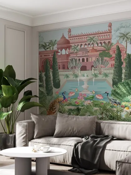 This living room exudes elegance with our Vintage Mughal Garden wallpaper. The design serves as a beautiful piece of art, adding sophistication and a story to the room.