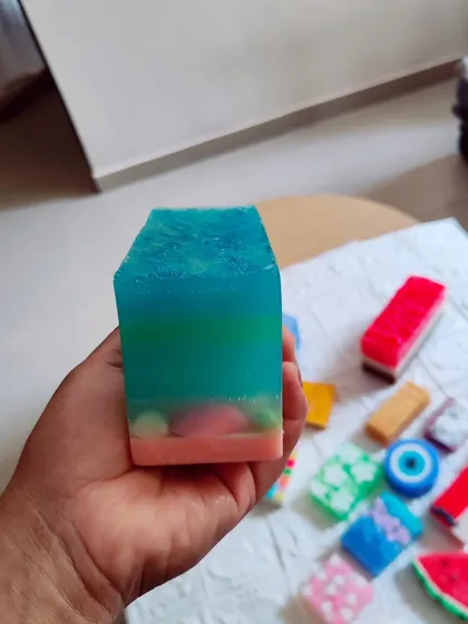 A loaf of my ombre-themed soap, with beautiful layers of blue and green.