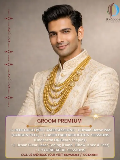 Grooming is not just for brides. Our Groom Premium package is designed for the modern groom who wants to look sharp and confident. It includes three laser hair reduction sessions for underarms or precise beard shaping, along with other skin treatments to ensure you are camera-ready.